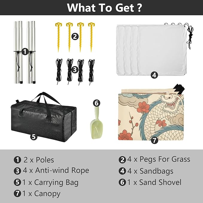 xigua Dragon Beach Tent Sun Shelter with Carrying Bag - Silver Coated Oxford Fabric Beach Canopy for Beach Camping Fishing - Includes Windproof Ropes Sandbags &amp Stakes