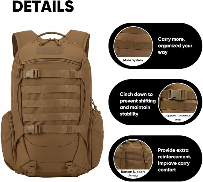 35L Tactical Backpack for Men MOLLE Military Bug Out Bag Waterproof Rucksack for Hiking with Hydration Port Tan