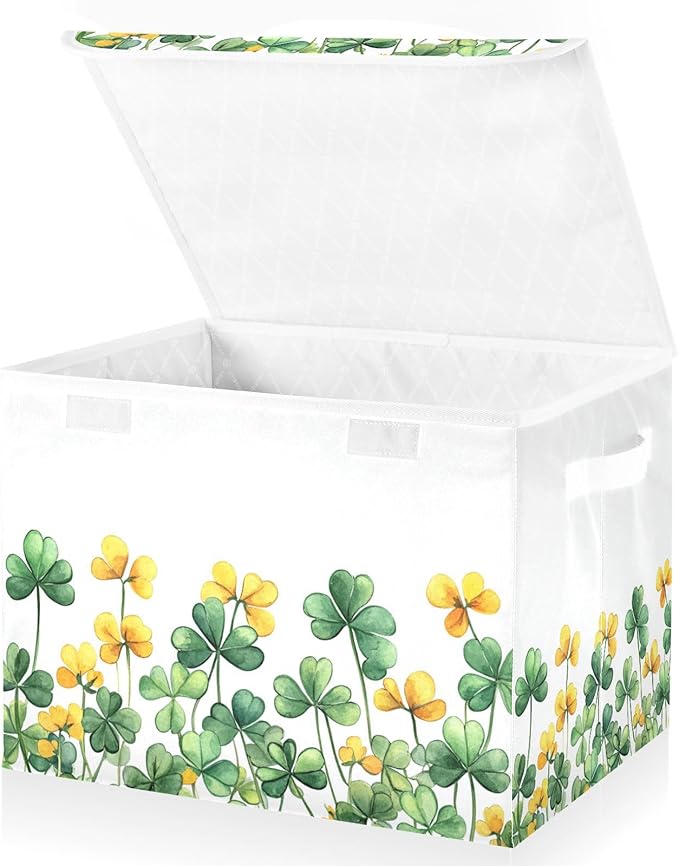 senya St. Patrick's Day Baskets Collapsible Storage Bins with Lids Border Of Green Clover Yellow Flowers Storage Boxes Clothes Baskets for Organizing
