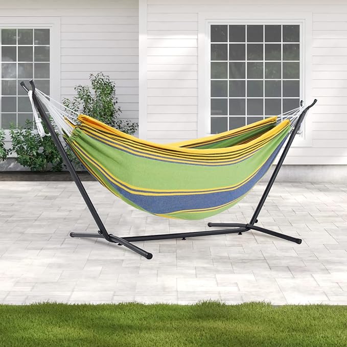 Double Hammock with 10FT Space Saving Steel StandHeavy Duty Stand Includes Portable Carrying Case550lbs Capacity