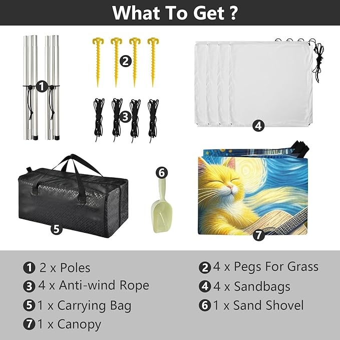 Starry Night Guitar Cat Beach Tent Sun Shelter Set UPF50+ UV Protection 10.5 x 9.19 FT Camping Shade Canopy with Sandbags Sand Anchors Carrying Bag and Others