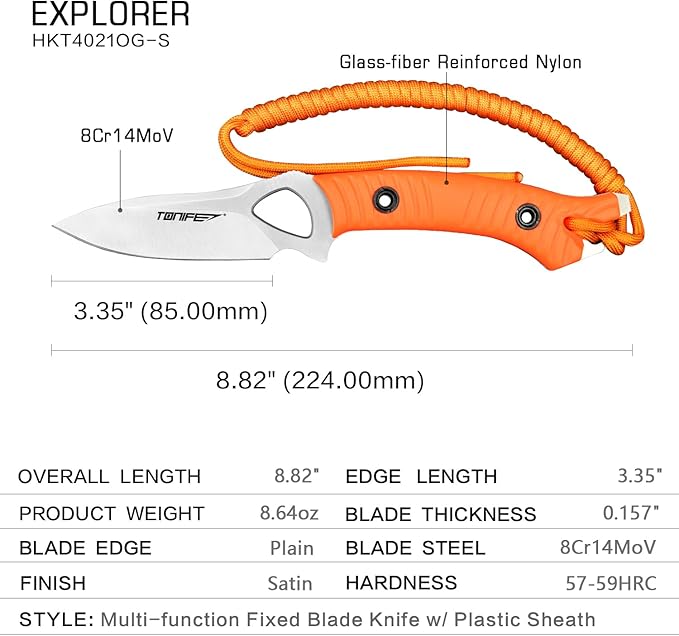 TONIFE Explorer Fixed Blade Knife with Sheath 8Cr14moV Multifunctional Survival Knife Blade with Fiberglass Reinforced Nylon Handle for Outdoor EDC Knife