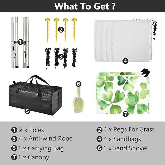 St Patrick's Day Watercolor Clovers Beach Tent Sun Shelter Set UPF50+ UV Protection 10.5 x 9.19 FT Camping Shade Canopy with Sandbags Sand Anchors Carrying Bag and Others