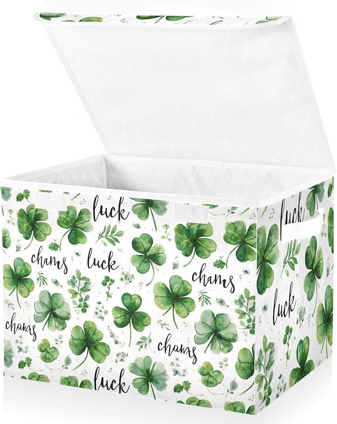 White Green Clover St. Patrick's Day Storage Box with Lid 1 PC Foldable Storage Bin with Lids Stackable Storage Bins Cube Closet Organizer Basket with Flip-Top Lid &amp Handles for Shoes Books Towels