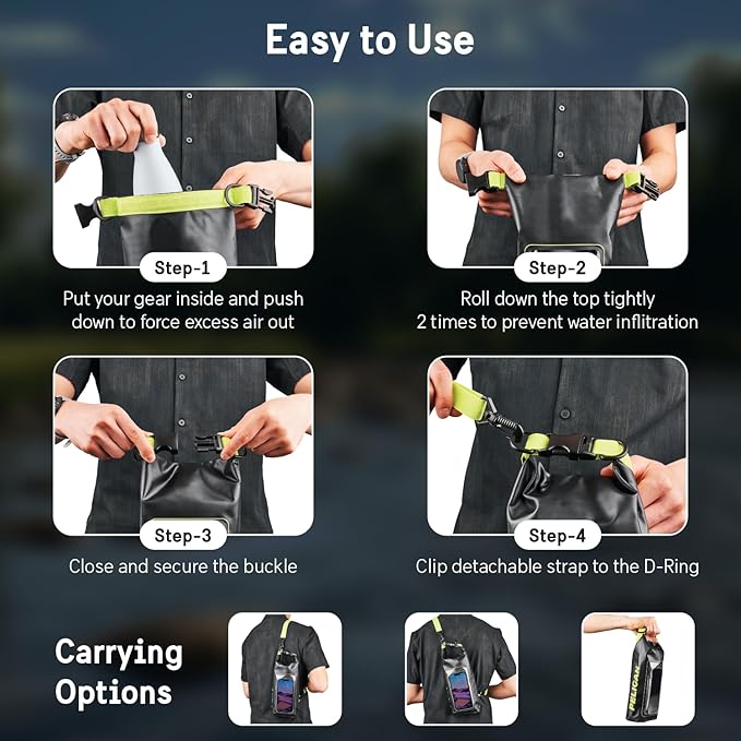 Pelican Marine IP68 Waterproof Dry Bag 2L - Roll Top Waterproof Backpack w/Phone Case/Pouch - Boating &amp Kayak Accessories - Essentials for Camping Swimming Beach Fishing Rafting Travel - Black/Yel