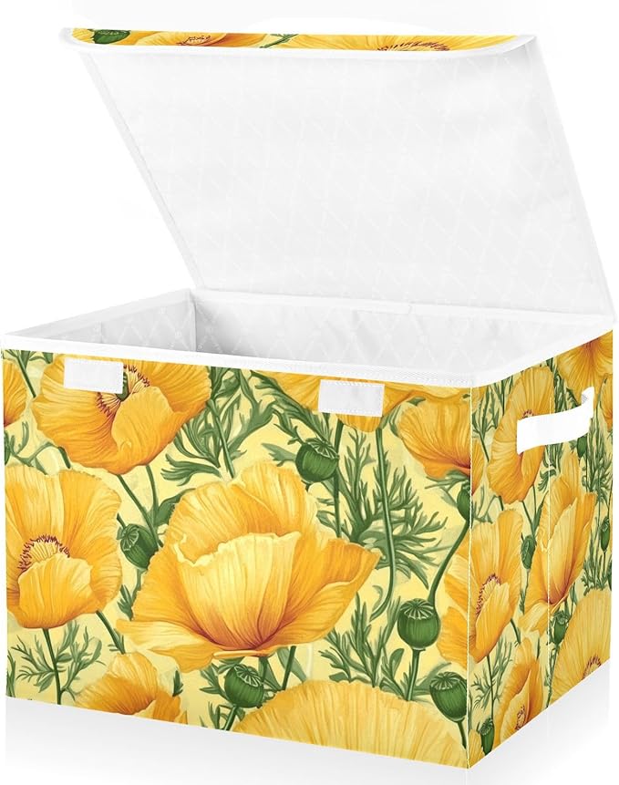 Collapsible Storage Bins with Lids Decorative Fabric Storage Cubes Closet Organizer and Storage Basket Boxes Containers for Clothes Box Chest Nursery Folding Rectangle Yellow Poppy Flowers