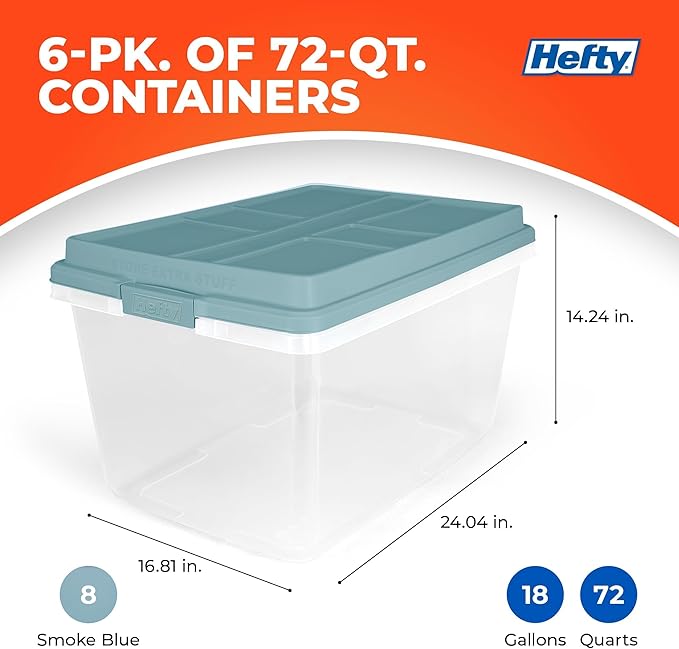 Hefty HI-RISE Stackable Storage Bins - Under Bed Storage Containers with Lids Shoe Organizer Plastic Storage Bins Clear Shoe Boxes with XL Lid-Locking Latches Durable Double Rim - 72qt (6 Pack)