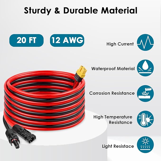 Solar to XT60 Charge Extension Cable 20FT 12AWG XT60 Solar Cable for Portable Power Station Battery Pack