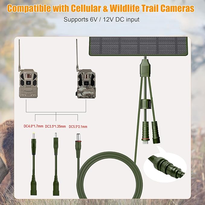 Zivif Solar Panel Charger for Trail &amp Hunting Cameras 10W 3.7V 10400mAh Built-in Battery 6V/12V Adjustable Output Universal Adapter Cables (DC5521 DC4.0x1.7mm DC3.5x1.35mm Type-C)