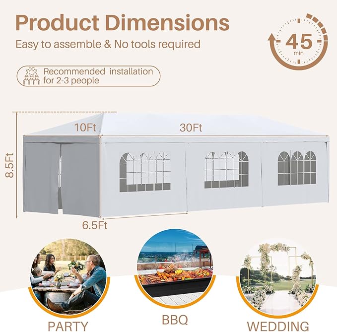 Greesum 10x30 Outdoor Canopy with with 6 Side Removable Walls Upgrade Patio Camping Heavy Duty Gazebo Shelter for Party Wedding BBQ Events Waterproof Tent White
