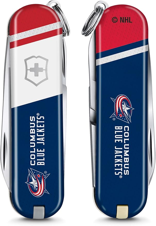 Victorinox Classic SD Swiss Army Knife – Compact 7 Function Swiss Made Pocket Knife with Small Blade Screwdriver and Key Ring – Columbus Blue Jackets