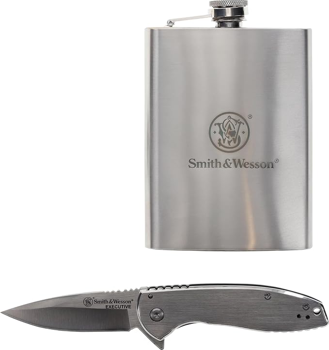 Smith &amp Wesson Executive Knife and 8oz. Brushed Metal Flask with Fill Funnel Gift Set