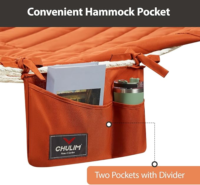 CHULIM Outdoor Double Hammock with Hardwood Spreader Bars Large Rope Hammock with Polyester Pad and Pillow 475 LBS Capacity for 2 Person Patio Backyard Poolside - Terracotta