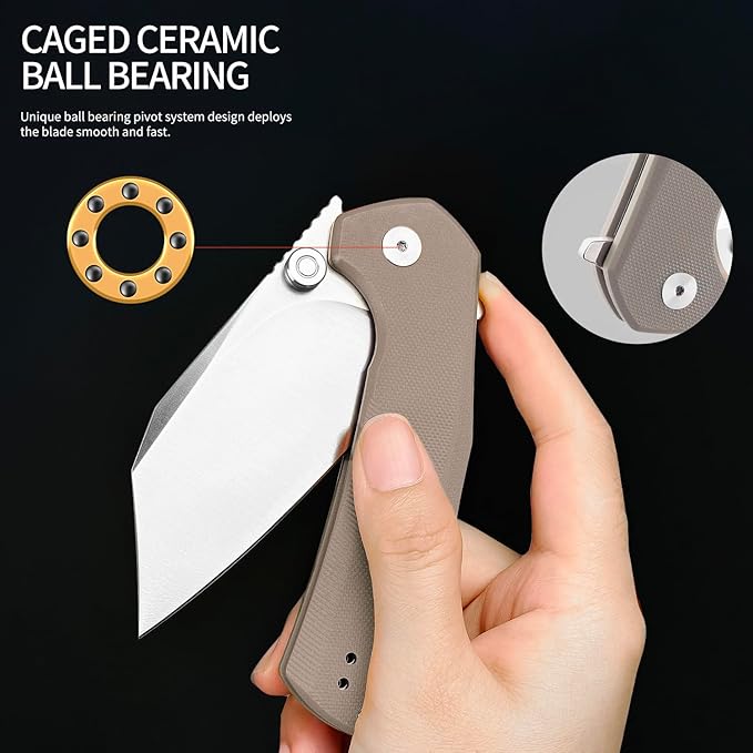ioko Folding Pocket Knife 3.5-Inch D2 Steel Blade G10 Handle EDC Camping Survival Knife with Clip (Brown)