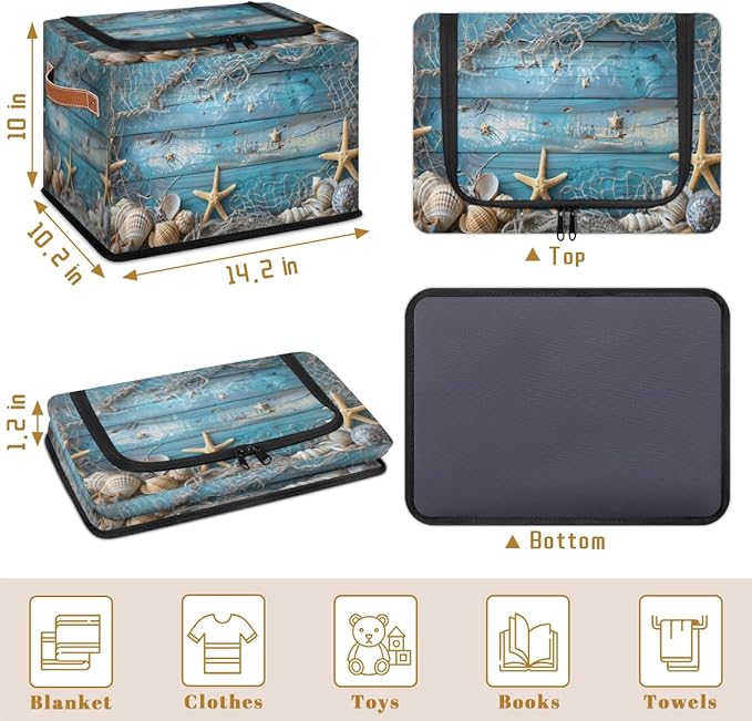 Beach Seashells Storage Bins with Zipper Lid Blue Wooden Fabric Lidded Storage Baskets Cubes with Handles Decorative Foldable Shelf Closet Organizer Container