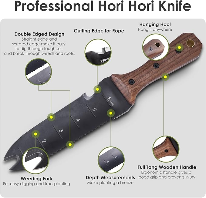 PERWIN Hori Hori Garden Knife Garden Tools with Sheath for Weeding Planting Digging 7 Stainless Steel Blade with Cutting Edge Full-Tang Walnut Wood Handle with Hanging Hole