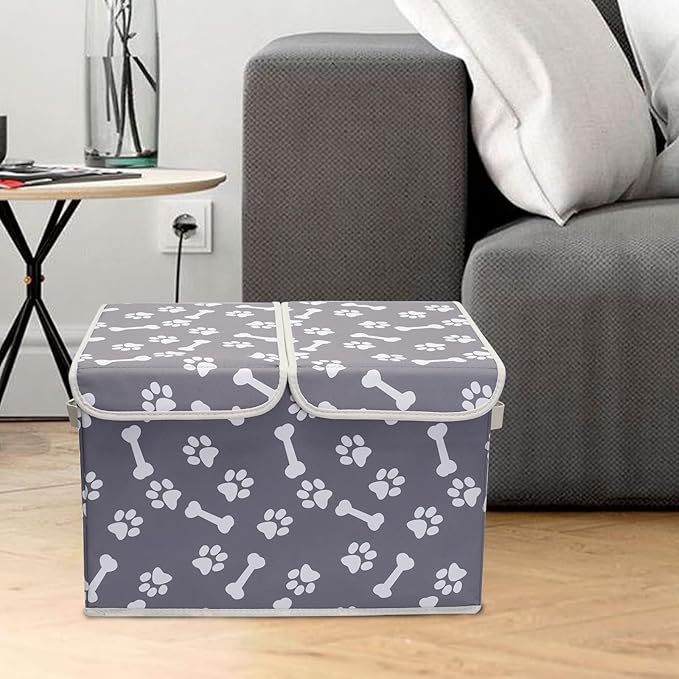 Pet Toy Storage Box with Lid Basket Organizer - Perfect Collapsible Bin for Living room Playroom Closet Home Organization - Bone Paw