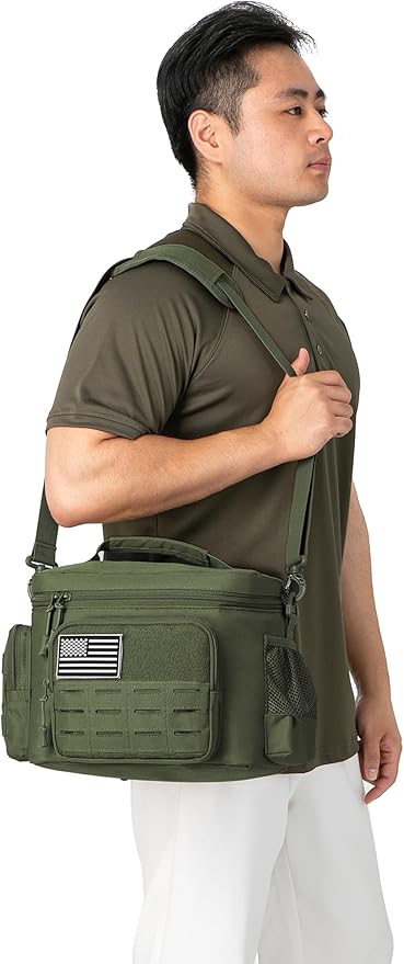 QT&ampQY Tactical Lunch Bag for Mens Military Heavy Duty Lunch Box Work Leakproof Insulated Durable Thermal Cooler Bag for Adult Meal for Office Camping Picnic Pail MOLLE Webbing Army Green