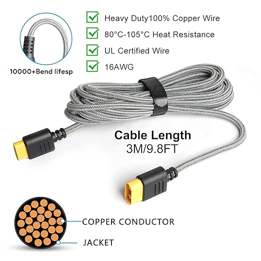 XT60 Extension Cable for ECOFLOW Delta River 3 2 Plus Pro Mini BLUETTI Anker SOLIX Series Portable Power Station Solar Generator RC Battery XT60 Female to Male Connector 10FT 3M 16AWG Nylon Wire Cord