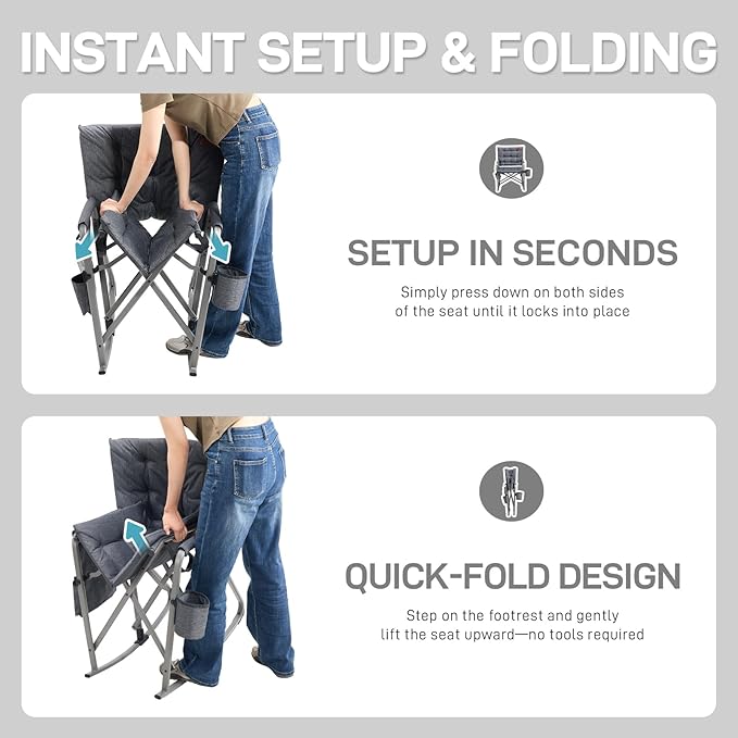 EVER ADVANCED Lightweight Folding Rocking Camping Chair Padded Portable Rocker Chair for Patio Lawn and Outdoors Heavy Duty Hard Armchair for Adults Grey