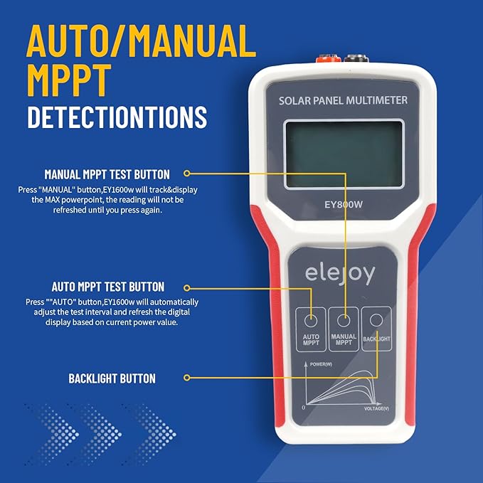 800W Solar Panel Tester Digital PV Multimeter with Smart MPPT Tracer 12-60V Voc 0-35A Isc Battery-Free with LCD Display MC4 &amp Alligator Clips EVA Case for Solar Power Test