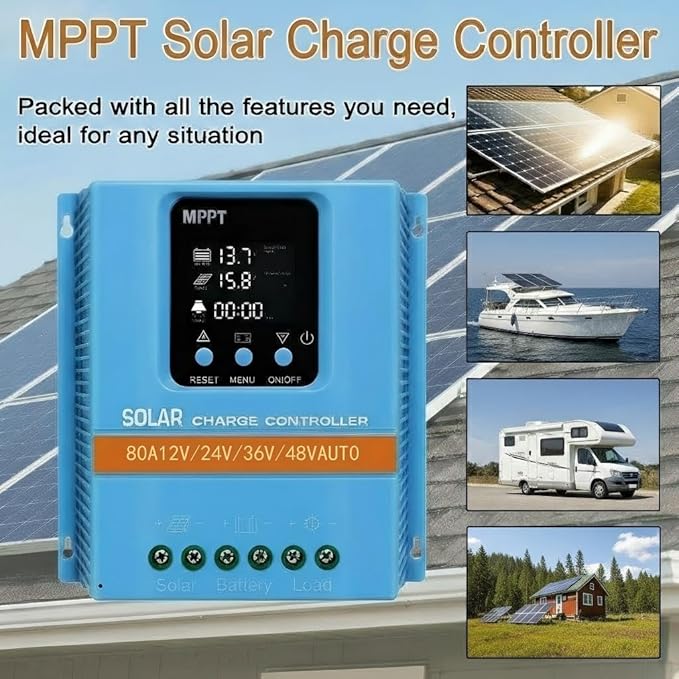 Solar Charge Controller 80A 12V 24V 36V 48V Intelligent Recognition LCD Display Battery Intelligent Regulator Maximum 100V Input Dual USB for Lead Acid/Lithium Battery