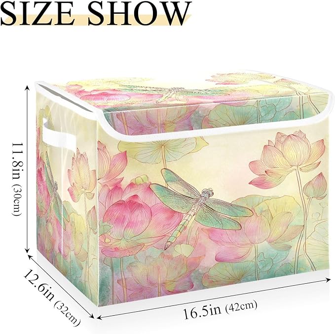 Dragonfly Lotuses Yellow Collapsible Storage Bins with Lids Decorative Fabric Cubes Closet Organizer Basket Boxes Containers for Clothes Box Chest Folding Rectangle