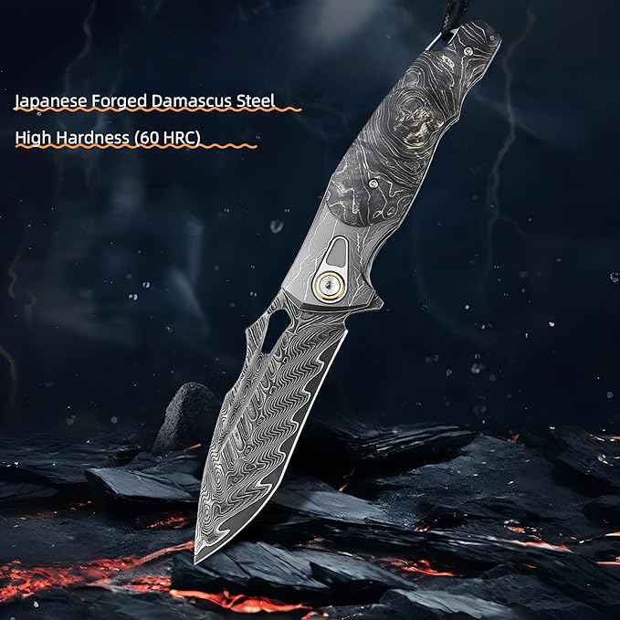 Damascus Steel Folding Knife Camping Knives &amp Tools Folding Knife HRC 60 Vegetable Tanned Leather Sheath personalized Engraving Compact Folding Knife with Pocket Clip for Camping Gift for M