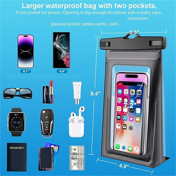 Dry Bags IPX8 Waterproof Phone Pouch with Adjustable Lanyard Large Capacity Transparent for Swimming Hiking &amp Boating(White-2PCS)