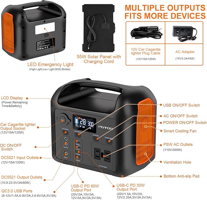 PGYOB Portable Power Station with 55W Solar Panel 299Wh LiFePO4 Backup Battery 300W Pure Sine Wave AC (600W Peak) Car Outlets PD 60W QC3.0 Solar Generator Power Bank for Camping Emergency CPAP