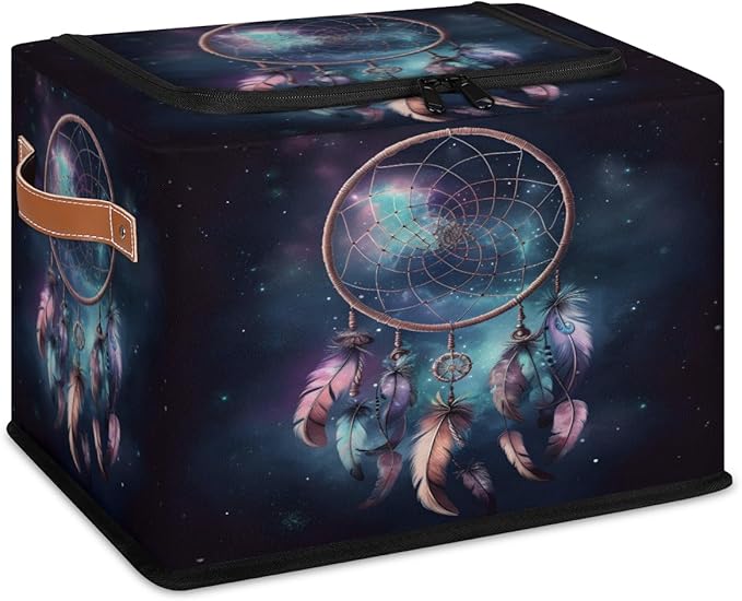 Dream Catcher Storage Box with Lid Feathers Collapsible Storage Bins Baskets Cubes Closet Shelf Clothes Organizer Containers with PU Leather Handles