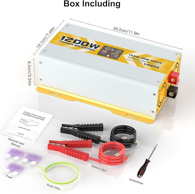 XWJNE 1200W Pure Sine Wave Power Inverter 12V DC to 120V GFCI AC Converter with LCD Display for Home RV Truck Off-Grid Solar Power