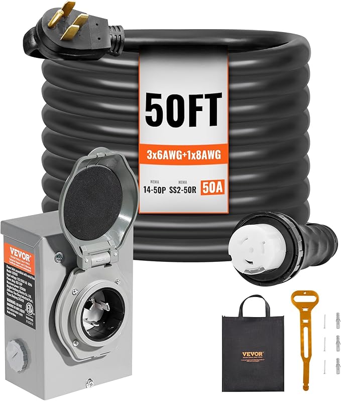 VEVOR 50 Amp Generator Cord and Power Inlet Box Kit 50FT Generator Extension Cord NEMA 14-50P/SS2-50R STW 6/3+8/1 AWG with Twist Lock Connector Pre-Drilled Inlet Box ETL Listed