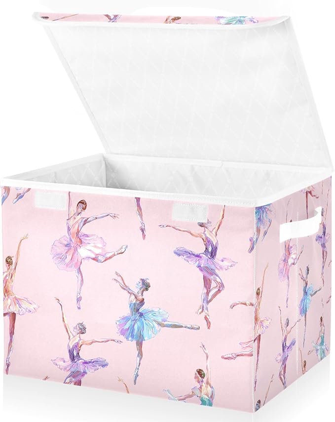 ALAZA Ballet Dance Pink Storage Bins Organizer Box Baskets Lidded Clothes for Shelves Closet Collapsible Stackable Storage Cubes Handles