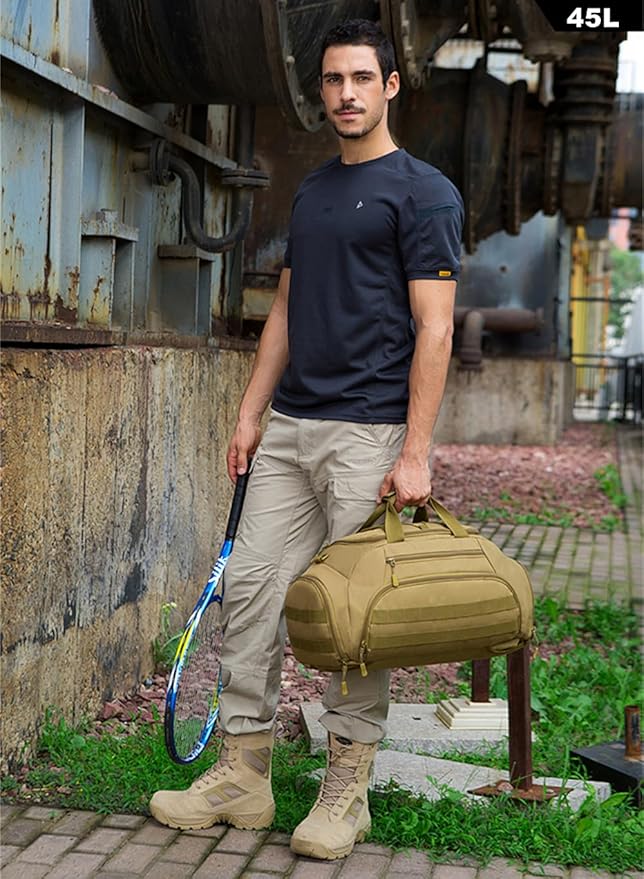 UNISTRENGH 3-Ways Tactical Military Nylon Men Holdall Weekend Travel Duffel Bag Backpack Messenger Shoulder Bags Rucksack Handbag (Coyote-45L)