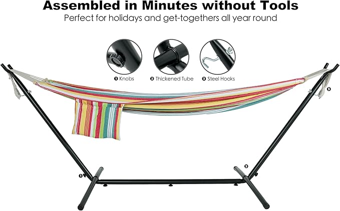 Gafete Double Hammock with Stand for Outside Upgraded Spreader Bar Heavy Duty Space Saving Steel Stand 2 Person Side Pockets Easy Assembly 600lbs Weight Capacity Indoor &amp Outdoor (Salsa Oran