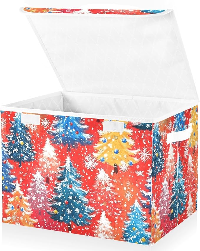 Vivid Red Christmas Trees Storage Box with Lid 1 PC Foldable Storage Bin with Lids Stackable Storage Bins Cube Closet Organizer Basket with Flip-Top Lid &amp Handles for Shoes Books Towels