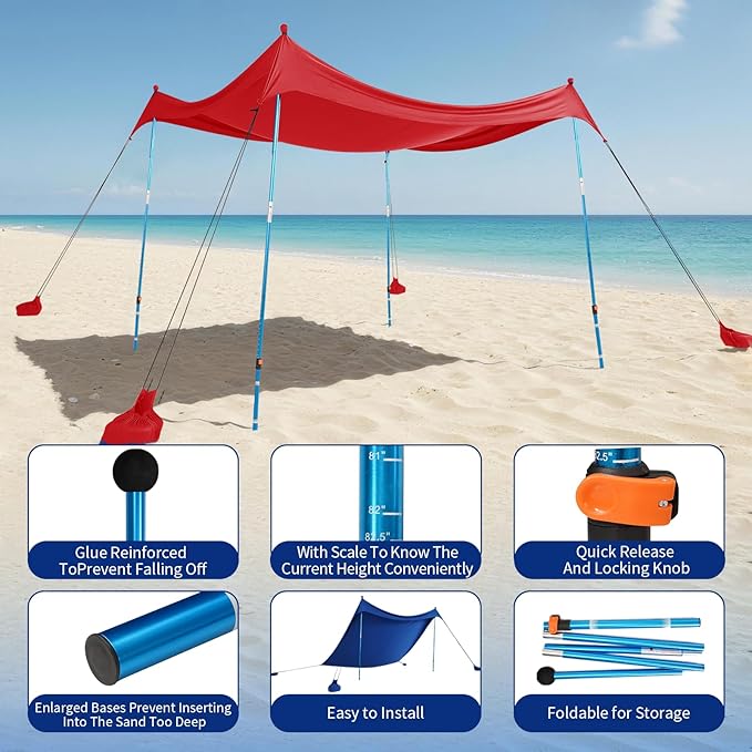 CROWN SHADES 10x10 Beach Tent Sun Shelter Easy Pop Up Beach Canopy Shade Portable Outdoor Carpas UPF50+ Includes 4 Poles Adjustable Aluminium Extra-Large Big Sand Shovel Red