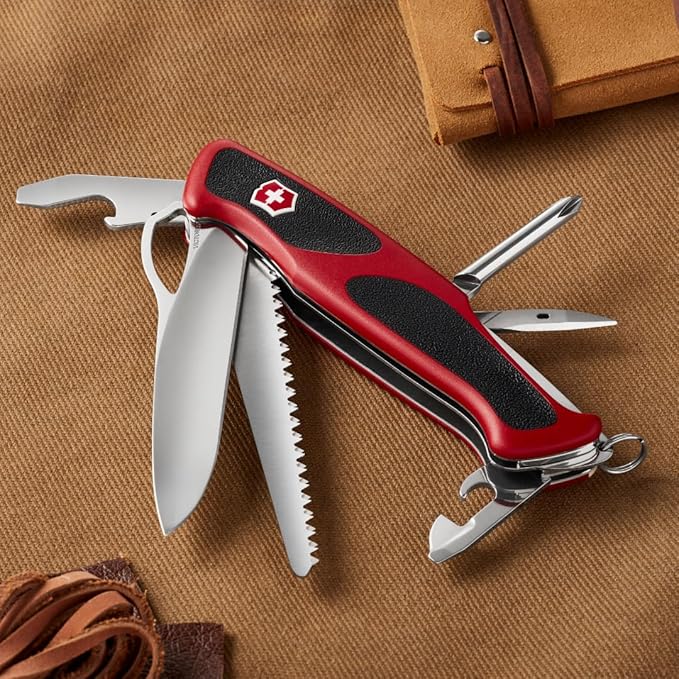Victorinox Ranger 78 M Grip Swiss Army Knife 12 Functions Swiss Made Pocket Knife with Large Lock Blade Tweezers and Wood Saw - Red/Black