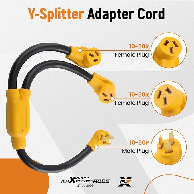 maXpeedingrods 50 Amp Y Splitter NEMA 10-50P to 2X 10-50R 3-Prong 250V Range Cord Adapter for Welder EV Charger Dryer RV STW 6 AWG 3 Feet