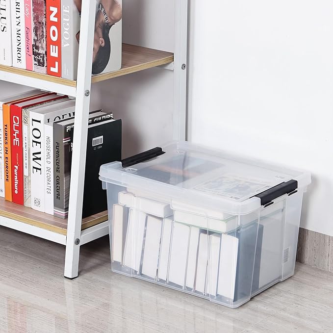 35 L 4-Pack Plastic Storage Bin with Wheels and Lids Clear Plastic Lidded Storage Container Box