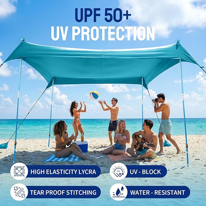 CROWN SHADES 10x10 Beach Tent Sun Shelter Easy Pop Up Beach Canopy Shade Portable Outdoor Carpas UPF50+ Includes 4 Poles Adjustable Aluminium Extra-Large Big Sand Shovel Turquoise