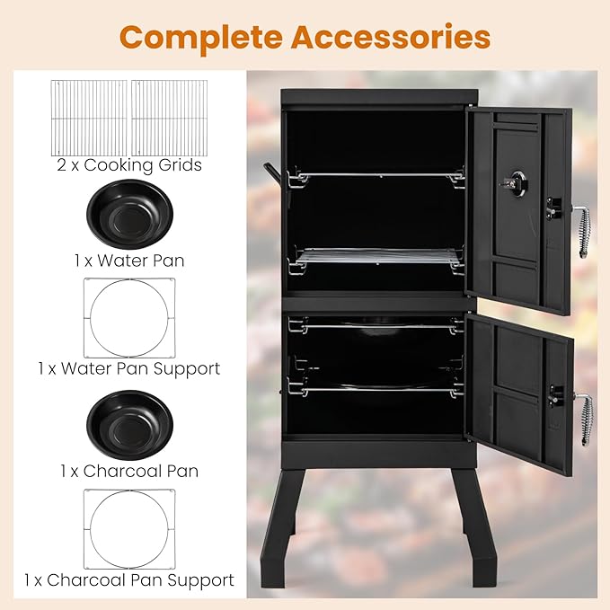Giantex Outdoor Smoker with Double Doors 2 Detachable Grill Netting Smoking Racks Charcoal Pan &amp Water Pan 4 Air Vents Thermometer Vertical Charcoal Smoker for Barbecue Camping Backyard Grill