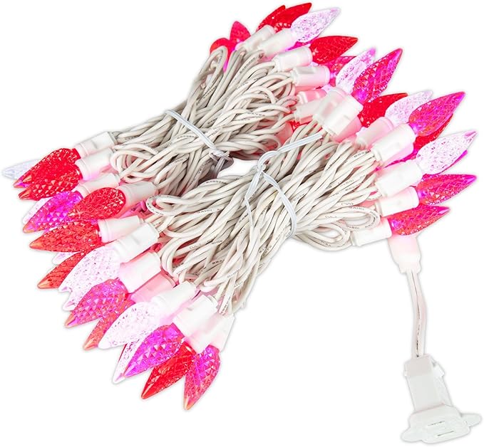 70 Light 24Ft Valentine's Day Lights Commercial String Lights C6 LED Strawberry Faceted Bulb – Red/Pink/Pure Whtie White Wire Indoor/Outdoor Full Wave No Flicker Connect 43 Sets