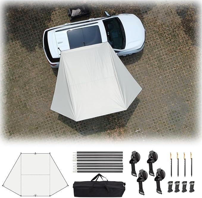 Car Side Awning Tent for Jeep Compass 2017-2025 SUV 5-Seater Oxford Fabric Camping Vehicle Side Sun Shelter Portable Tailgate ShelterOff White-2m Iron Rod Set