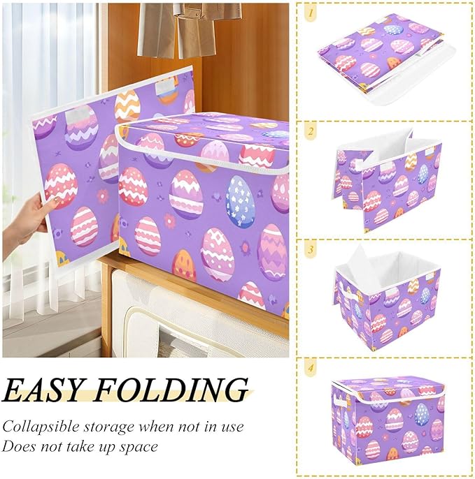 Collapsible Storage Bins with Lids Decorative Fabric Storage Cubes Closet Organizer and Storage Basket Boxes Containers for Clothes Box Chest Nursery Folding Rectangle Purple Easter Eggs