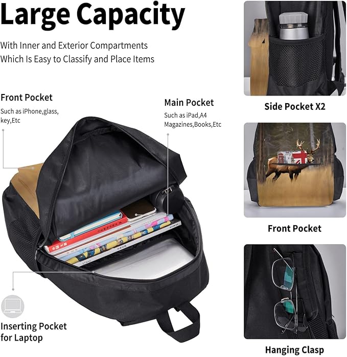 Wildlife Deer Bear Elk Backpack With Lunch Box 3 In 1 Set With Pencil Case Large Capacity Backpack With Chest Strap