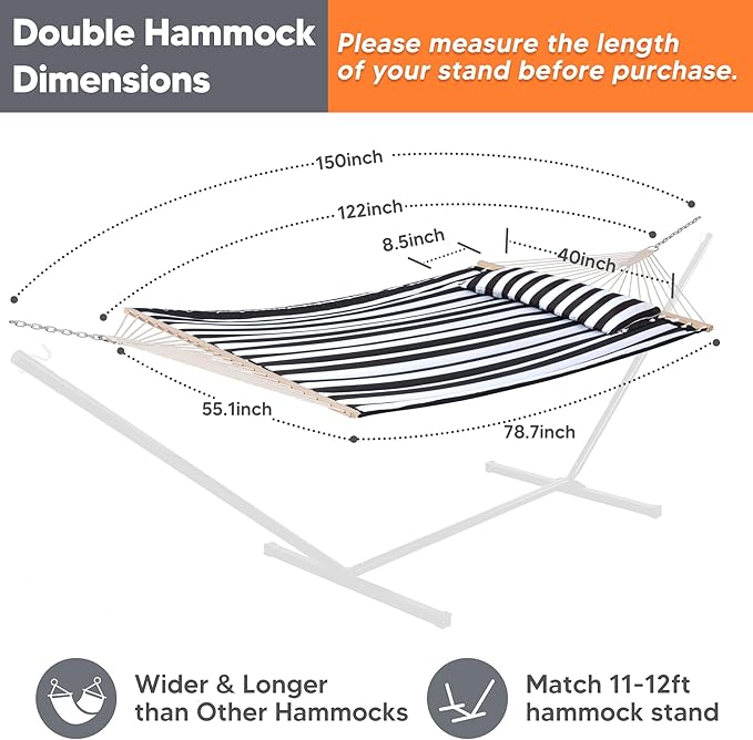 SUNCREAT Double Quilted Hammock with Hardwood Spreader Bar Extra Large Soft Pillow Heavy Duty 2 Person Hammock for Indoor Outdoor Black Stripes