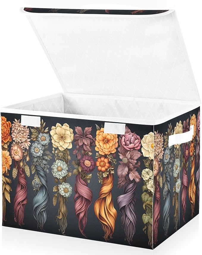 Aesthetic Flowers Storage Cube with Lid Collapsible Fabric Storage Bins Basket with Handle for Home Bedroom Closet Office 16.5×12.6×11.8 in