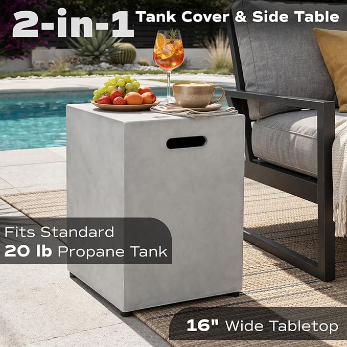 60-inch Outdoor Propane Fire Pit Coffee Table with Tank Cover 50000 BTU Concrete Rectangle Modern Outside Fire Table Auto-Ignition Included Lava Rocks Metal Lid &amp Waterproof Cover